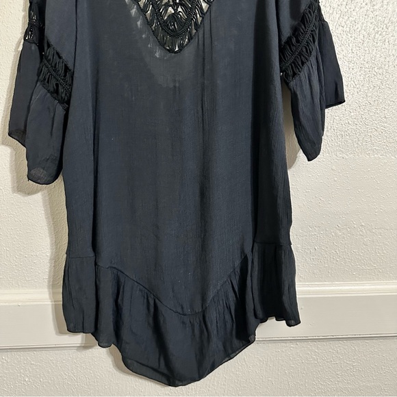 Woven Tassel Trim Dip Hem Black Beach Cover-up Low Back Dress - Picture 5 of 7